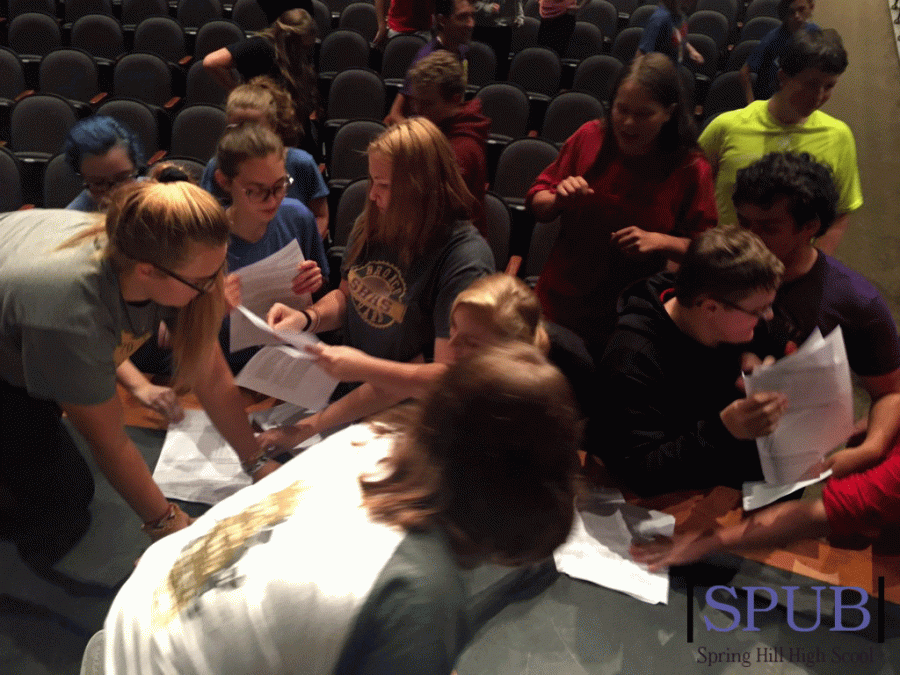 Theater kids rush to get audition papers after Brett Buffum, theater director, announced the musical.  
