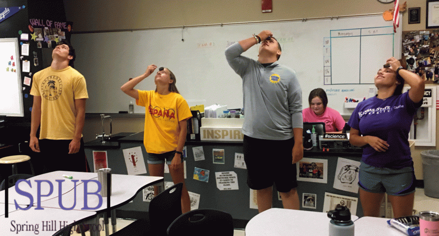 As a get to know you the Vollenteer Class had a game day before the school year started. Here Jackson Rauenzahn, 12, Kyra Schmuhl, 11, Alec Hitchens, 12, and Natalia Moreno, 12,  play a Minute to Win it game to get point and hopefully win. (Photo submitted by K.Rodden) 