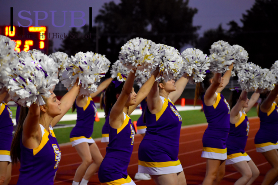 The cheerleaders have been working over the summer to have the perfect cheers for the first game of the season. They cheer along with the student section as well as their own cheers to get the crowd excited (Photo by A. Frigon).
