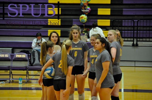 At+the+start+of+the+varsity+volleyball+game%2C+the+team+huddles+together.+They+are+talking+about+the+game+%28Photo+by+B.Reber%29.