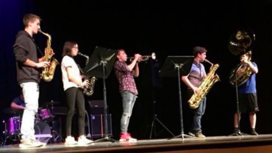 During the 2018 variety show, Undercover Cowbell plays for the audience filling the auditorium. The jazz band played three songs, “Without you,” “The Unusual” and “The Unknown” (Photo courtesy by Undercover Cowbell).