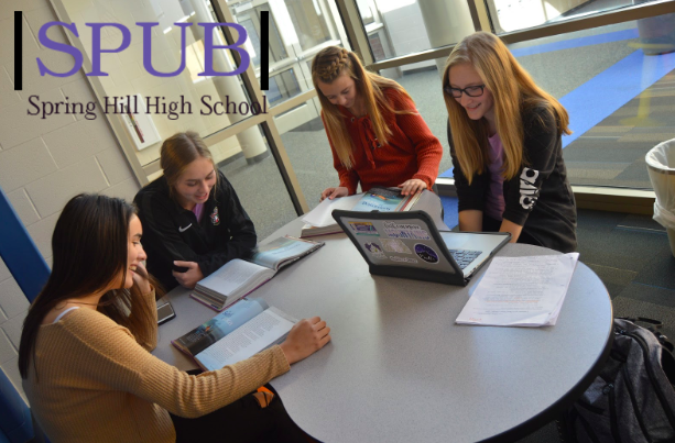 Ava Marcum, Molly Langford, Savannah Volkerding, 10, reading their text book in the Concourse. They are a part of Kerri Rodden, English Teacher’s, Honors English Class (photo by M.Saxon). 