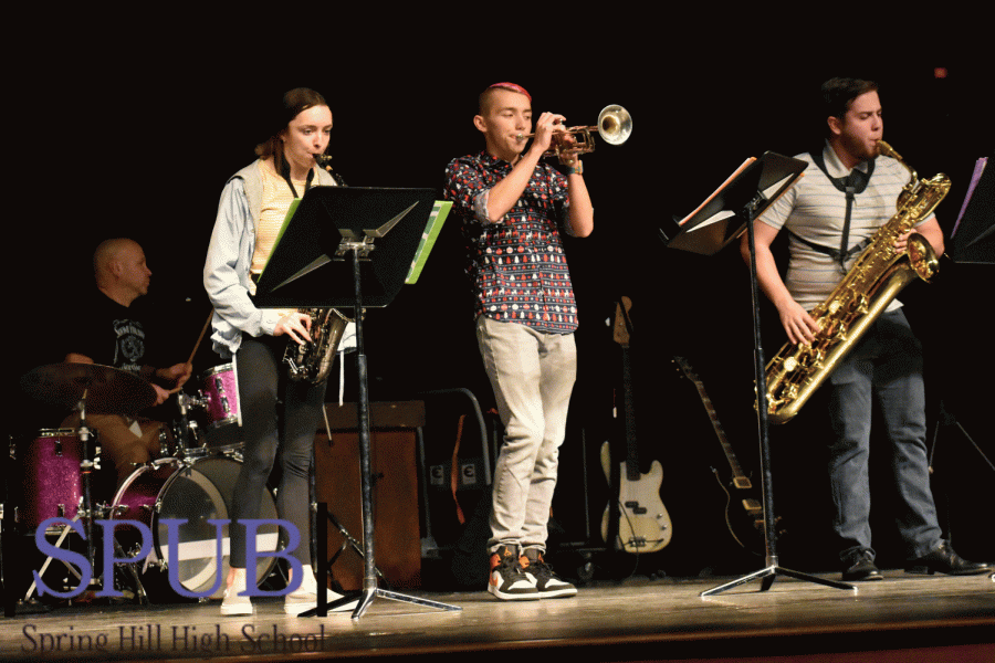 For the Variety Show on Dec. 5, Undercover Cowbell: Lauren Brinkman, 12, Logan Smoot, 12, and Dean Diviney, Class of 2019, play as part of their band Undercover Cowbell starts off the show. Undercover Cowbell has performed in the Variety Show in the past years (Photo by I. Williams).