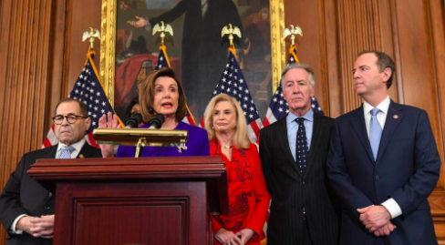 Nancy Pelosi; Speaker of the House, Jerry Nadler; US Representative of New York and Chair of the House Judiciary Committee, Adam Schiff;US Representative of California, and Carolyn B. Maloney; Representative of New York unveil articles of impeachment (Photo curtesy of Vox).