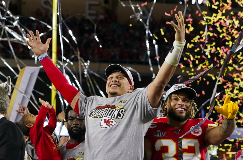 After defeating the San Francisco  49ers, Chiefs quarterback, Patrick Mahomes and safty, Tyrann Mathieu, celabrate their victory. The super bowl was held in Miami Gardens, Fla. (Photo courtesy of AP Photo and David J. Phillip). 
