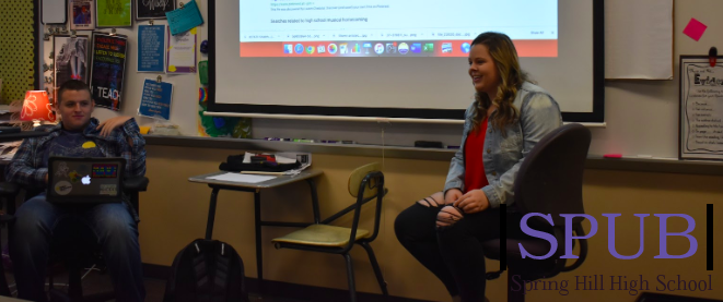 Hype Squad members gather together for their monthly meeting. Alec Hitchens and Mattie Crabtree, 12, are leading the meeting to start planning for the winter homecoming (Photo by M. Sutton).
