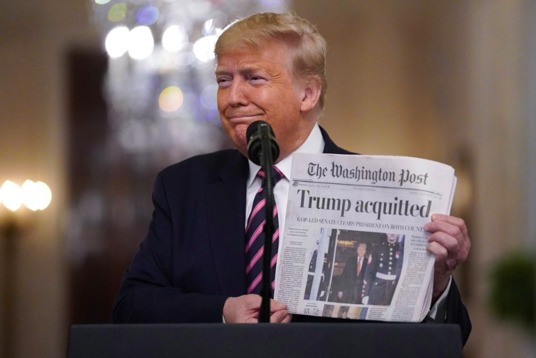 Trump after being Aquitted by the senate. This is on Feb. 6 in the East Room in the White House (Photo Curtesy of AP Photo and Evan Vucci)