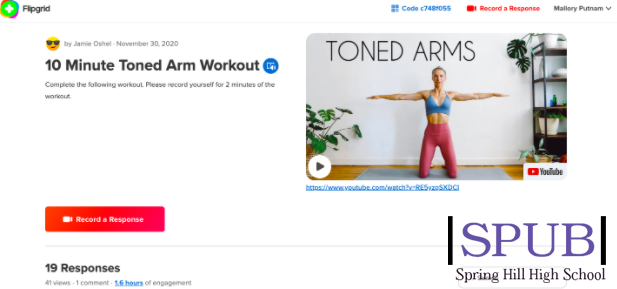 This is a screenshot of what the Flip Grid format looks like. There is a video attached to follow, as well as a “record a response” button for students to record two minutes of their workout (photo by M. Putnam).