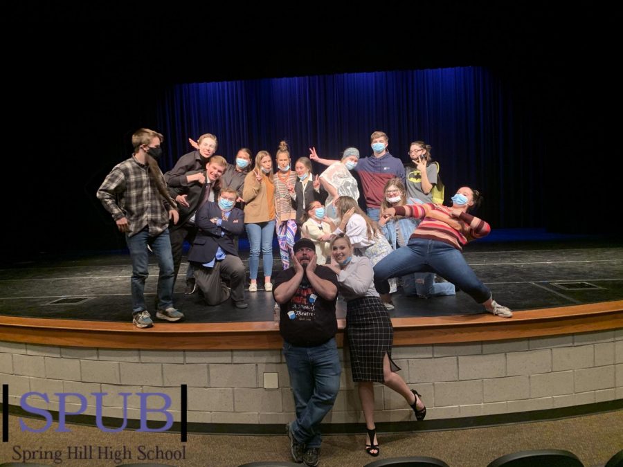 At the end of rehearsal, the cast a crew lined up for a group picture. The final half of the show is set to perform on April 9-10 (Photo by Z. Knust).