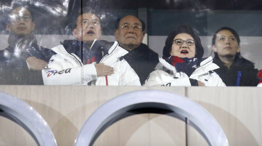 North Korean officials along with the president of South Korea observe the opening ceremonies of the 2018 Winter Olympics. The Tokyo Olympics are fast approaching, and North Korea has decided to withdraw (Photo courtesy AP News). 