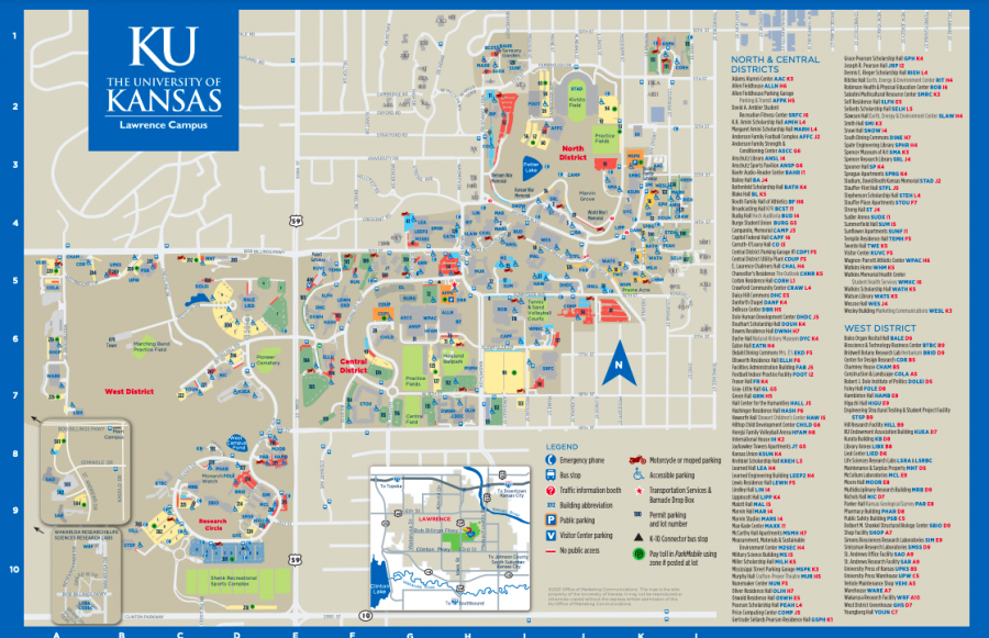 The University of Kansas campus is huge, and two tours are needed to see everything. This map shows a bit of the true size of the campus, but it leaves out the infamous hill (image courtesy the University of Kansas).