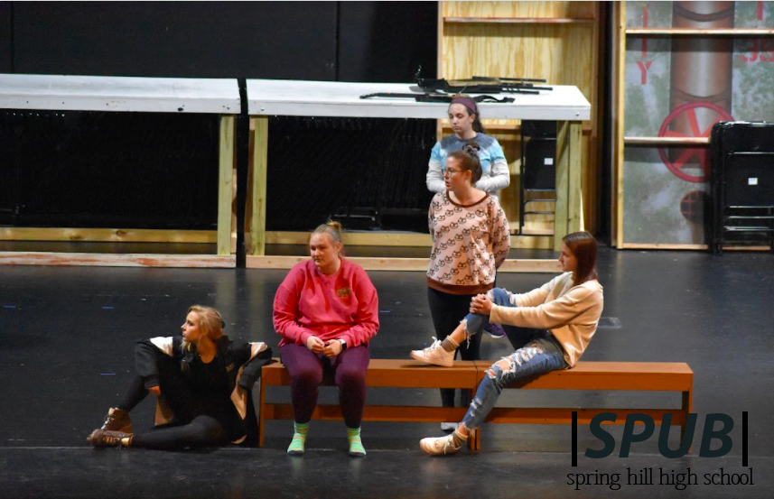 On Nov. 3 the theatre department rehearsed for their upcoming musical. Ashlynn Lake,12, Olivia Lister, 12, Emme Trask, 12, Matalyn Chitwood, 11, and Alex Lopez, 10, were practicing for their roles in Act 1 (Photo by L. Haney).  