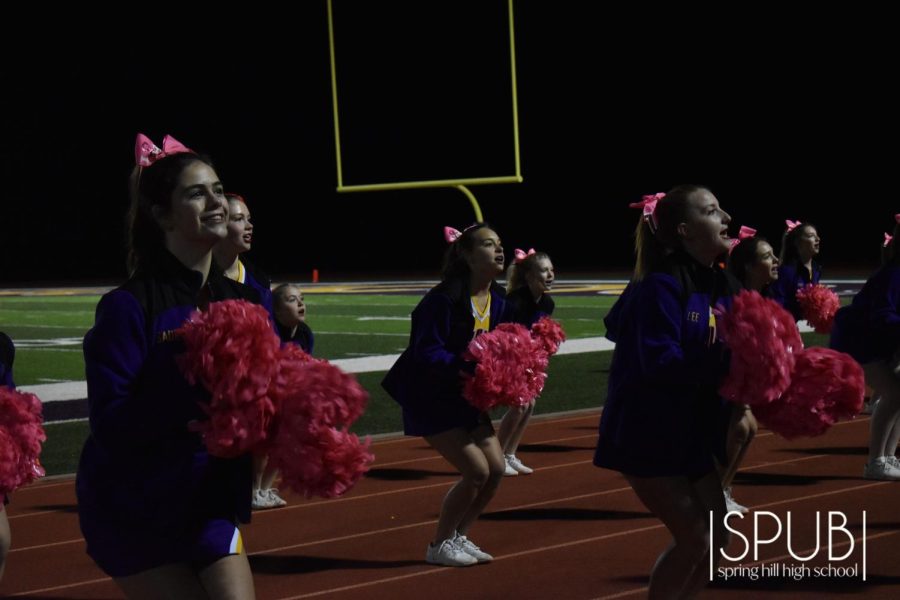 On Oct. 7, the cheerleading team cheers at a home football game.