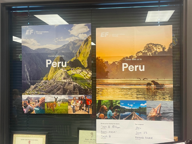 Peru posters found around the high school that give students more information on the trip to Peru (photo by B. Pierson).