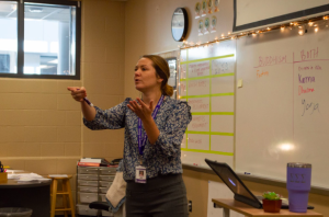 Kelly Colwell teaching in world history (photo by C. Kice).