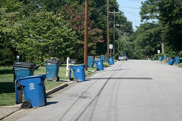  Several trash bins lined up on the street.  These bins are waiting to be picked up on trash-day but for some Overland Park residents. that day was delayed by three weeks.  (Photo by I. Sagdejev).