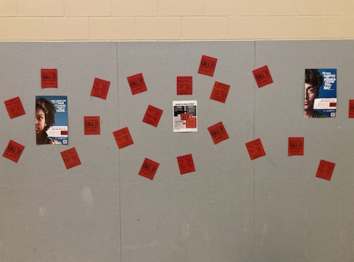 A wall of bullying posters put up by students. Posters like this are put around the entire school. (Photo by F. Dent)