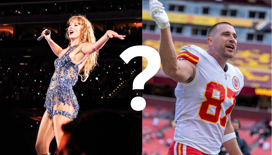 Taylor Swift preforms in her element on the Eras tour during a song on the 1989 album. Travis Kelce celebrates a successful play on a football field during the game (Illustration by A. Rushing). 