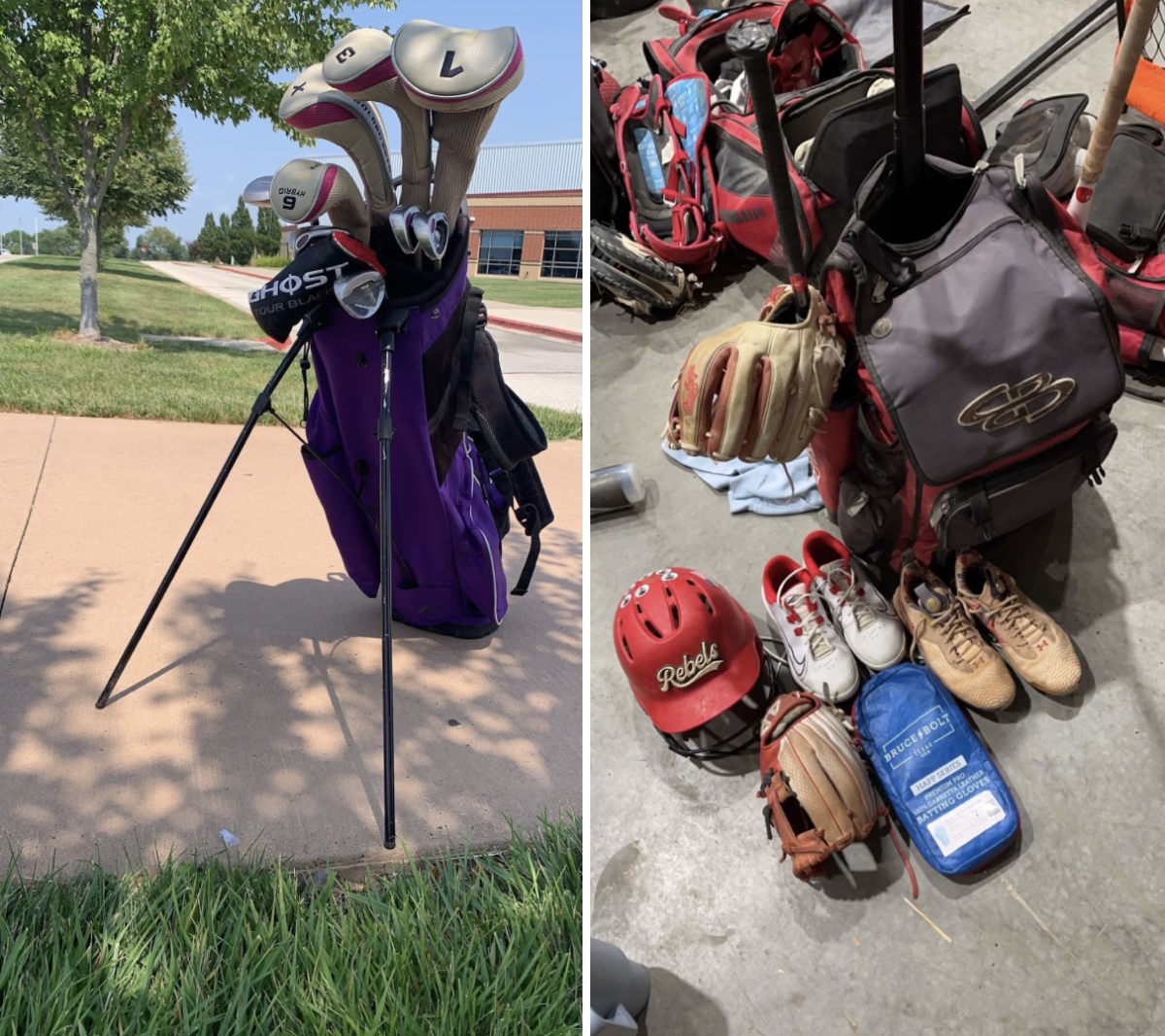 All the supplies needed for golf. The bags are provided by the schools. (Photo by K. Stabb)  
Olivia Fraleys softball bag she uses for practices and games. There is nothing provided by the school.
