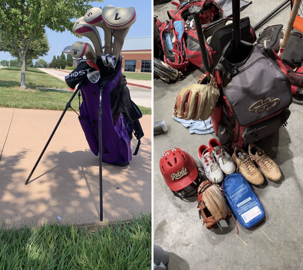 All the supplies needed for golf. The bags are provided by the schools. (Photo by K. Stabb)  
Olivia Fraley's softball bag she uses for practices and games. There is nothing provided by the school.
