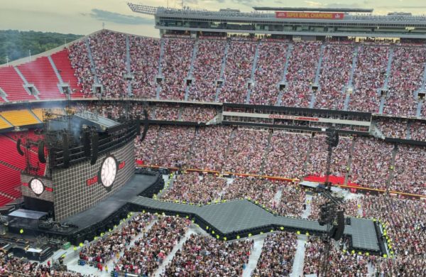 Picture of the Eras Tour at Arrowhead Stadium. Sold out stadium waiting for Taylor Swift to perform (picture by A. Watson). 