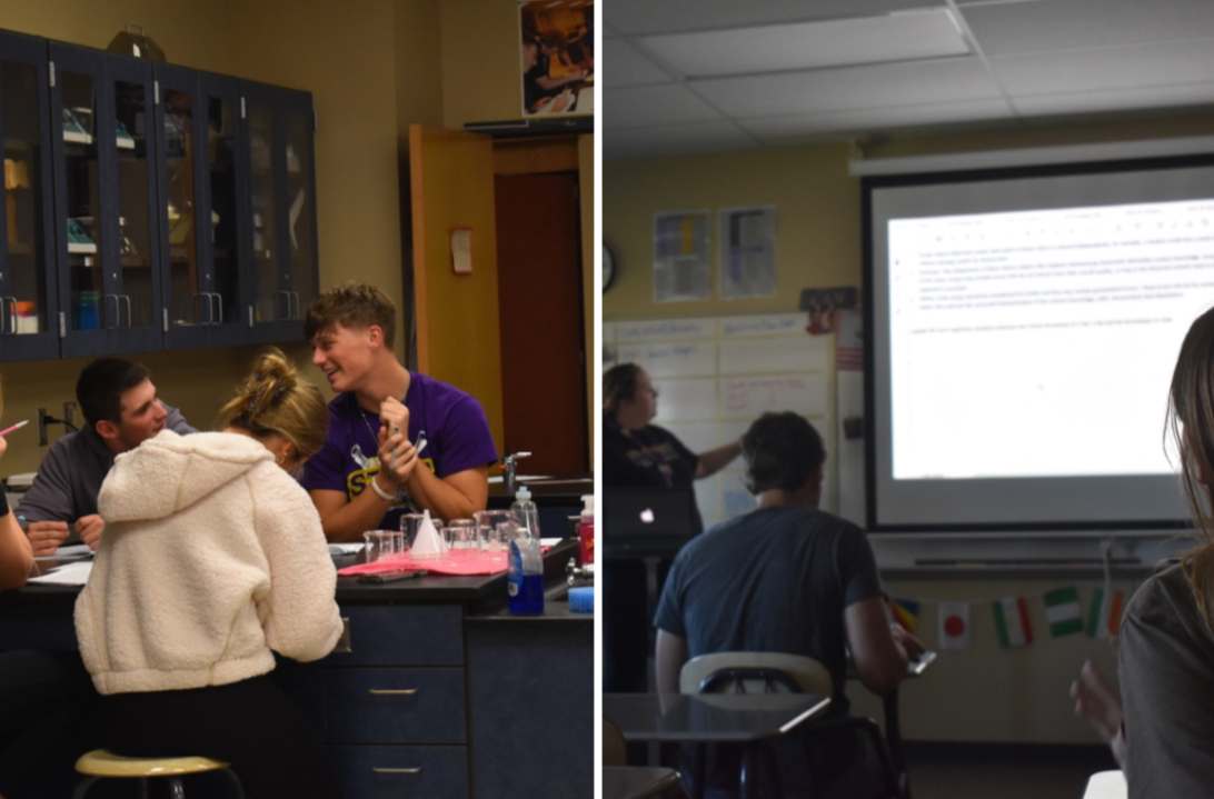 The photo collage illustrates the difference in focus because an higher level honors class, college biology, and an AP class, AP European history (Photos by A. Lightcap and S.Hatcher). 