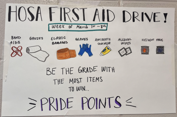 Posters are hung around the school to advertise HOSA’s service project. From March 1 to 8, the club is hosting a First Aid Drive in order to give back to the community (Photo by K. Tran).