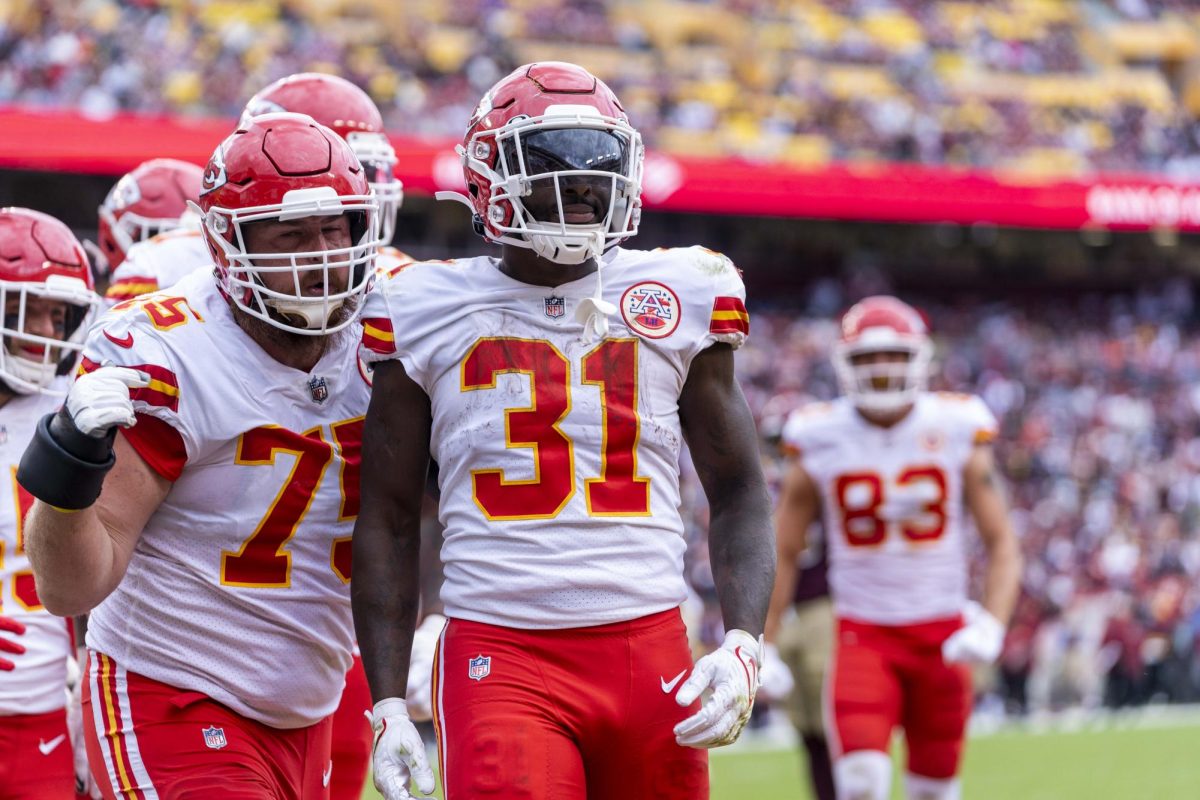 Chiefs players celebrate a victory against Washington. Mahomes’ fame gained by being on the chiefs is why they are able to hold the fundraiser (Photo by N. Danh). 