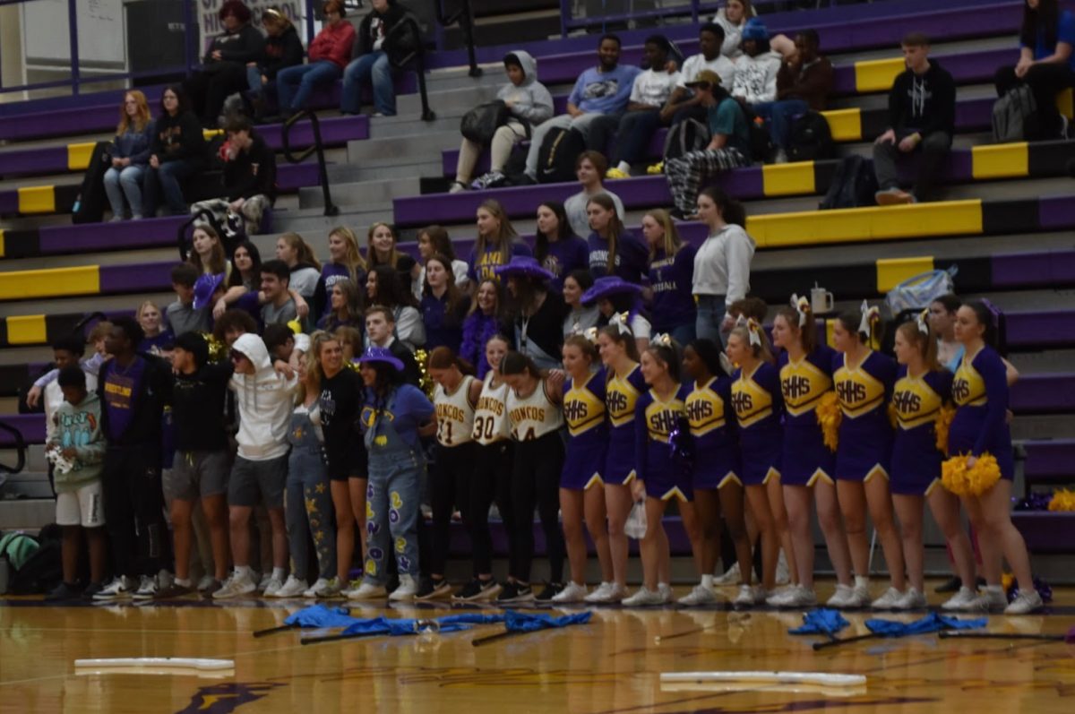 The senior class gets together to share their final pep assembly. Events like this tend to be very sentimental to seniors (Photo by M. Brown). 