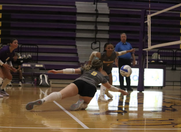 Macie Metcalf, 11, dives for a ball hit by the opposing Paola hitter. The Broncos beat Paola on Sept. 3. (Photo By M. Brown) 