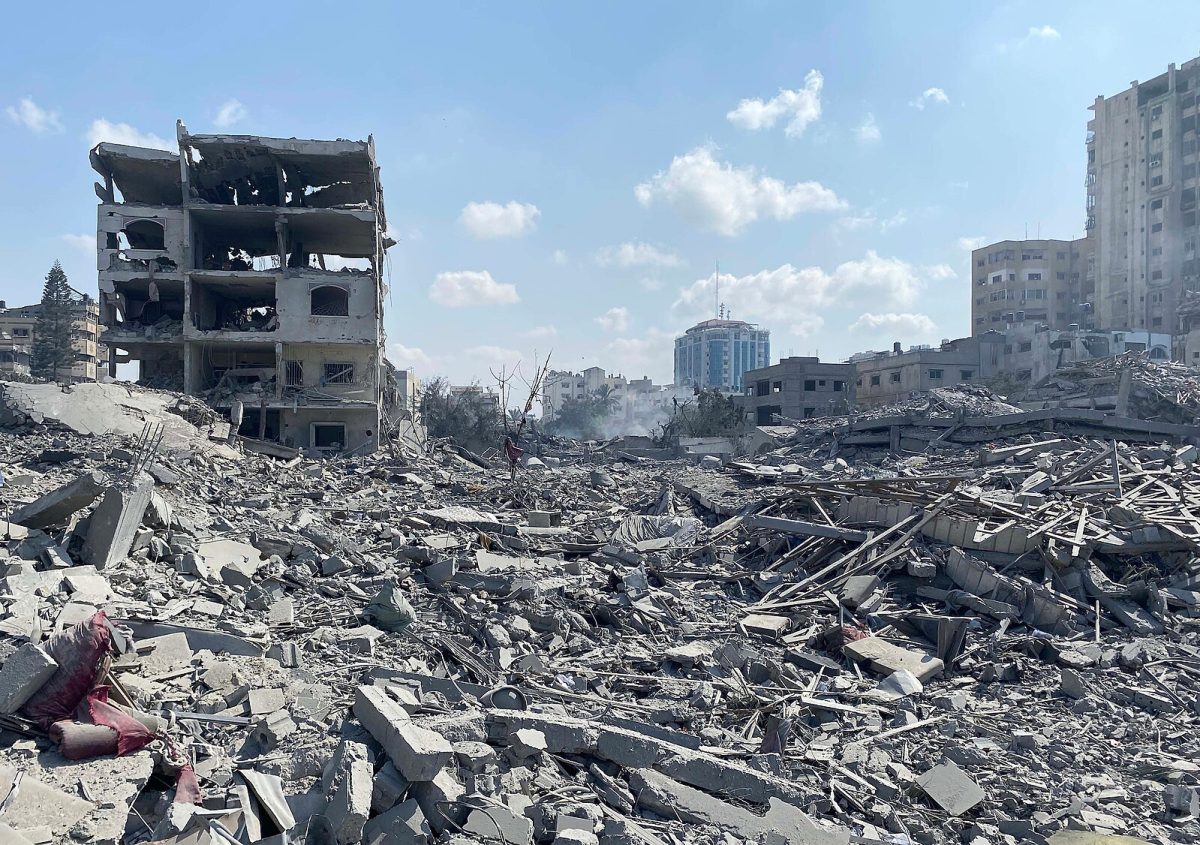 Damage following an Israeli airstrike on the El-Remal aera in Gaza City on Oct. 9, 2023. (Original caption stated that "Palestinians inspect the damage" but they are not visible in the photo, so the caption has been modified) On Oct. 9, 2023, a Israeli airstrike on the El-Remal area in Gaza City created huge damage. Bombings in Gaza have continuously made large areas of destruction, causing need for aid. (Photo by Naaman Omar/Apaimges)