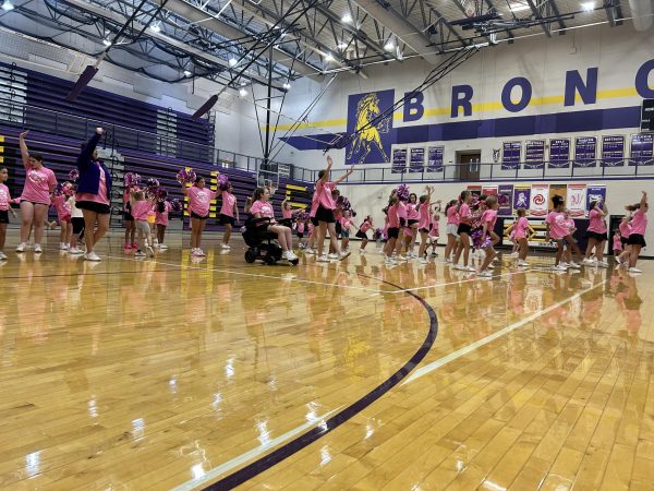 The cheer team teaches the camp attendants the dance that they will perform at halftime on Oct. 18. This is similar to what the Dazzlers dance clinic looked like, which was help a couple hours after. (Photo by Holly Lichtenauer).