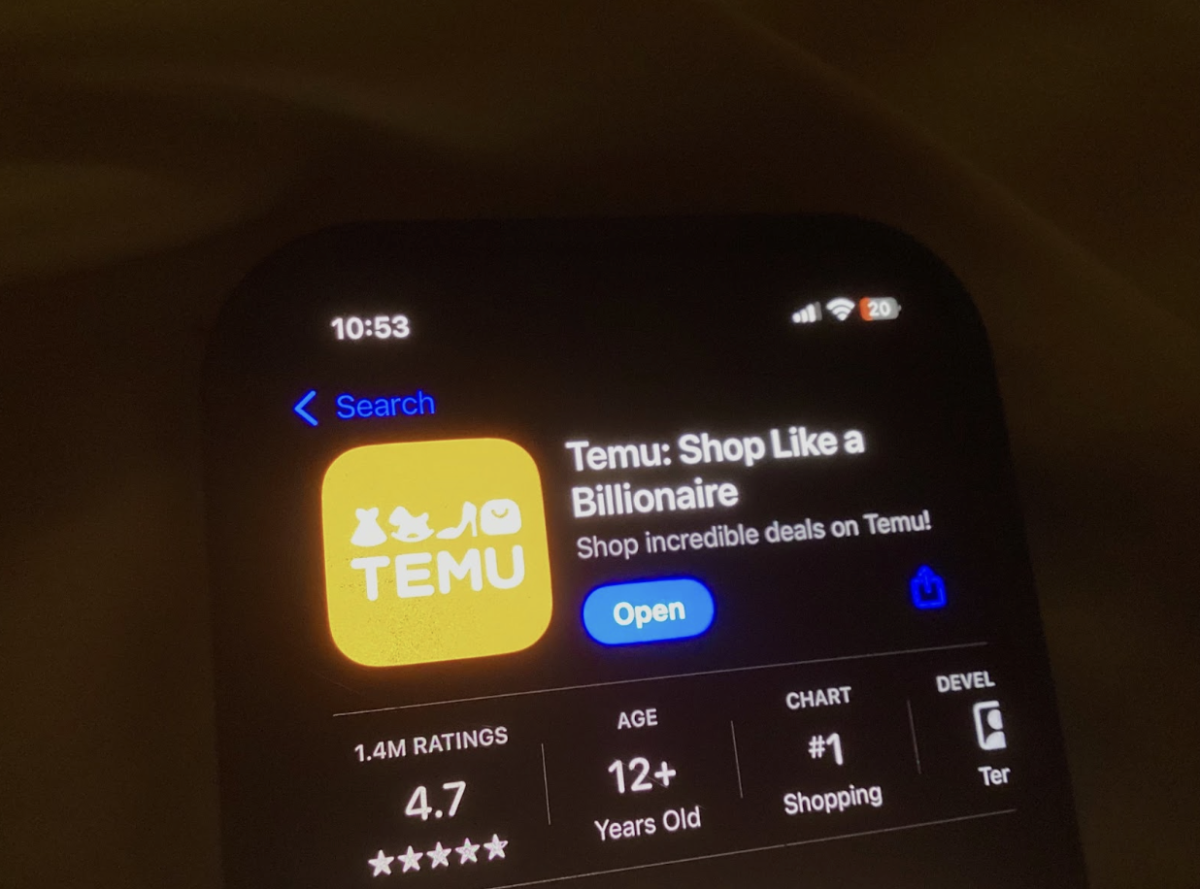 ‘Temu’, one of the most popular cheap shopping apps. It is not only known for its low prices, but also the random pop-ups, flashing lights, and ‘big win’ spinning wheels that trick shoppers into thinking they are getting great deals when the win was auto-generated to occur in the first place.(Photo by Macey Chaulk)