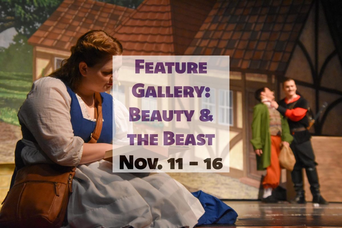 Belle, played by Maryanne McNally, 12, reads a book while LeFou, played by Harrison Shay, 9, and Gaston, played by Zachary Vasser, 12, laugh in the distance Nov. 13. McNally played several lead roles through the high school’s theater department and Madison Avenue Performing Arts.