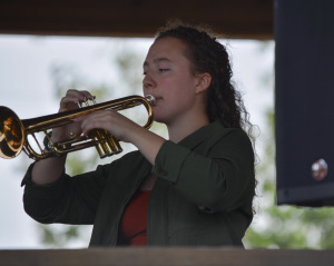 On Sept. 28, Monet Edwards, 12, plays the trumpet at the fall festival. Edwards is in band and jazz band. (Photo by Z. Tarvin)