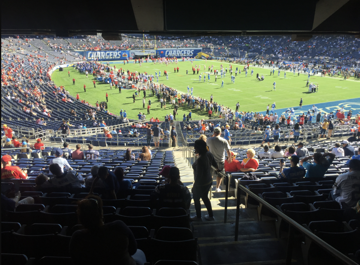 Fans arrive early at the game in Los Angeles. Though the game was at the Chargers stadium in Los Angeles, there were many Chiefs fans in attendance (Photo from Wikipedia Commons)