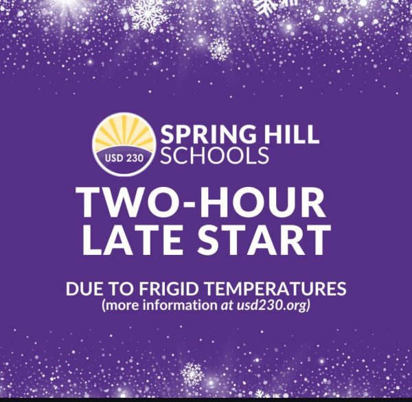 Two hour delayed start announcement on Tuesday, Jan. 21st. Breakfast and morning activities canceled, with school and bus times delayed by 2 hours, while preschool and Y-Club times were adjusted. (Photo posted by @shschools on Instagram)