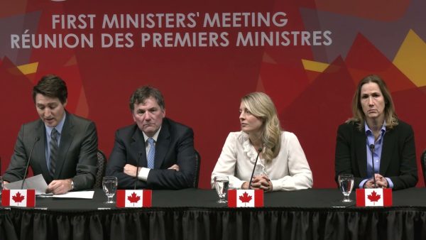 Prime Minister Justin Trudeau holds a media availability following the First Ministers’ Meeting on Canada-U.S. relations. Canadian Ministers meet to discuss topics about tariffs recently implemented by the U.S. (Photo provided by Wikimedia Commons contributors)