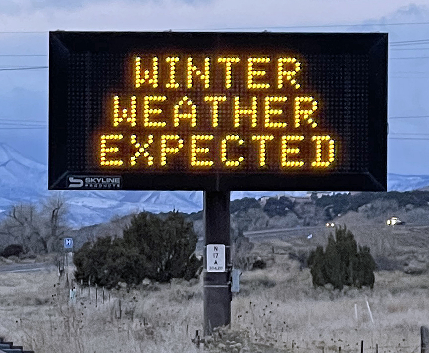 Roads across the state and region will be observing signs similar to these over the week. These signs warn those who are non-essential workers to stay of the roads if possible. (Photo by Jeffrey Beall)