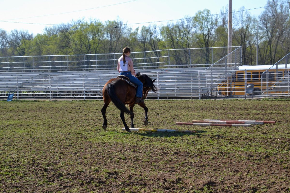 Brooklyn Sherron, 11, taking her mustang Seven through the cross step section of the ranch riding pattern. Several horses that are ridden by students were able to show their riding skills at the Miami County Aggie Days during the first ever horse contests held at the fairgrounds. (Photo by Hadley Booze.)