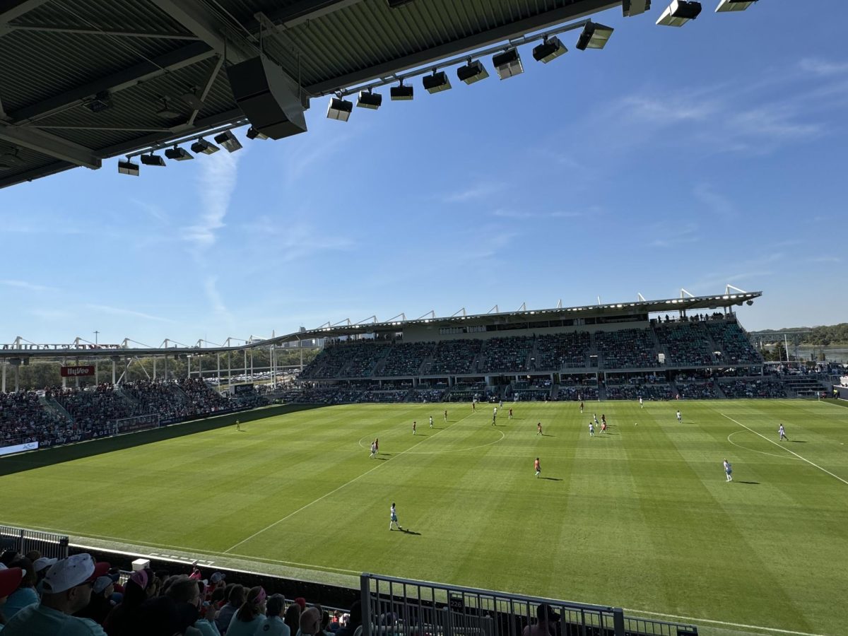 The Canadian Pacific Kansas City stadium during a KC Current soccer game. The game frequently hosts games for the local women's soccer team, but on occasion hosts other events like rugby.