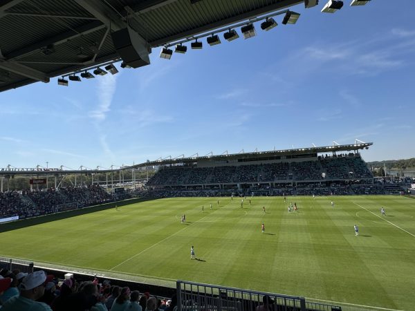 The Canadian Pacific Kansas City stadium during a KC Current soccer game. The game frequently hosts games for the local women's soccer team, but on occasion hosts other events like rugby.