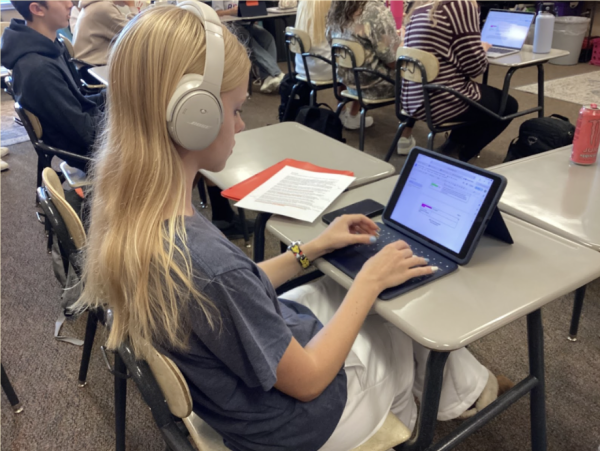 Elizabeth Olson, 11, focuses on an essay in AP Language and Composition. To prepare for the final test in May, the month-long assignments are very crucial. 