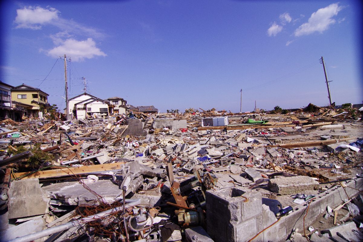Devastation in Iwaki, Japan after a tsunami caused by the 2011 Fukushima earthquake.