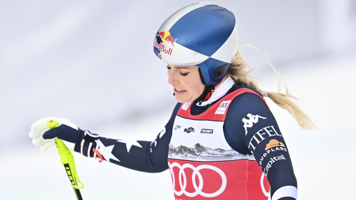 Lindsey Vonn makes their way down a hill in a previous competition. Vonn, 41, has previously competed in four Olympic games, missing the 2022 games due to injury.