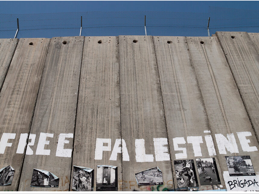 A wall outside Gaza marked with the rallying message of "Free Palestine." The chant has become a catchphrase to advocate against Israeli occupation on Palestinian land.