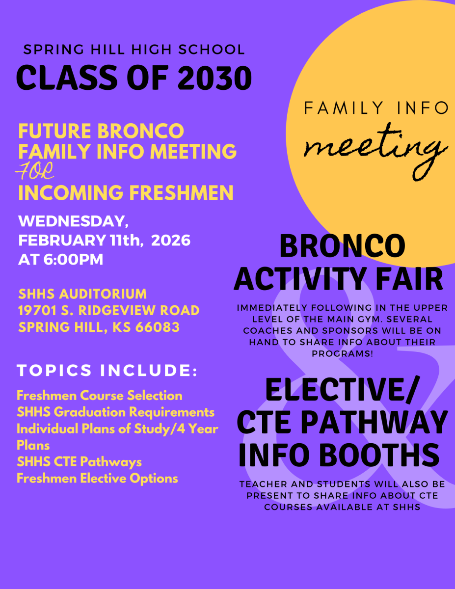 Future Bronco Night for the class of 2030 is being held tonight, Feb. 11, at 6:00. This will take place in the auditorium and will discuss freshman course selection, graduation requirements, CTE pathways, and more.