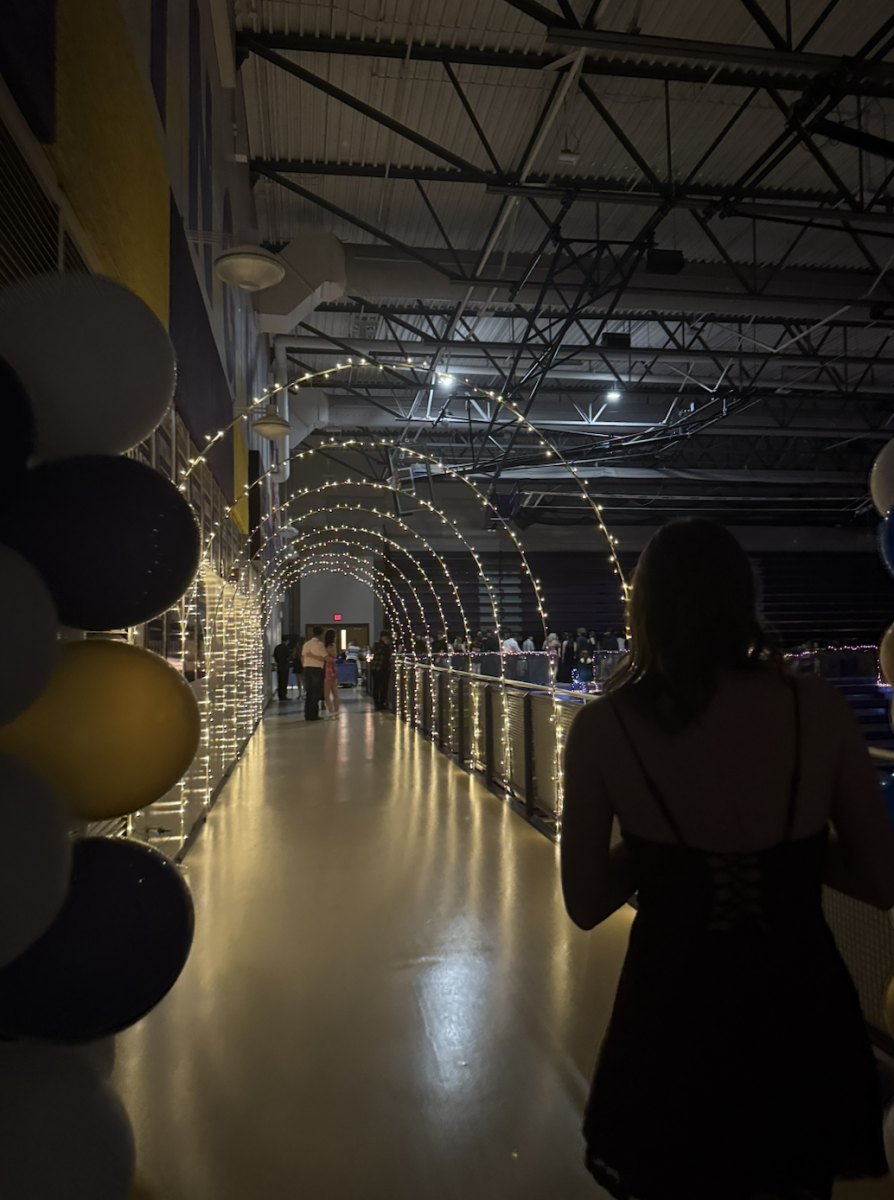 Pictured is the entrance to the dance. Hype Squad set up the decorations in the upper gym including balloons, the lighted archways, and tables.