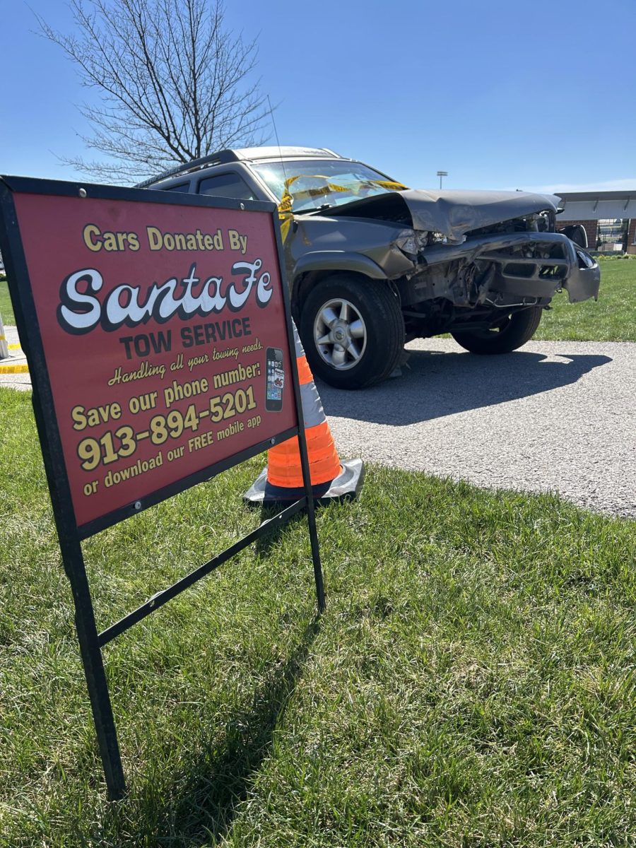 The mock car crash parked in front of the school. Deputy Trevor Ramos worked with Sante Fe Tow Service to acquire the car.
