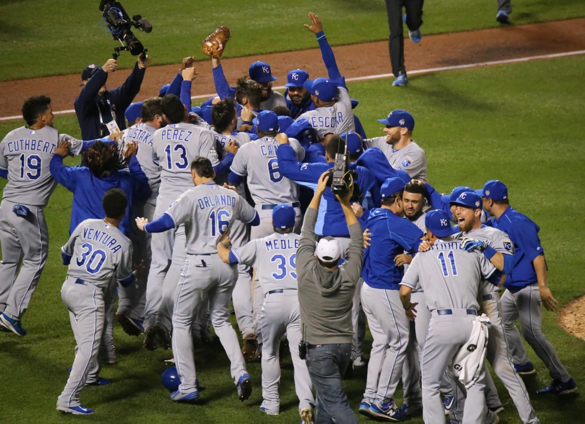 The 2015 Royals team celebrates after winning the World Series. The Royals have won two World Series during their time at Kauffman Stadium.